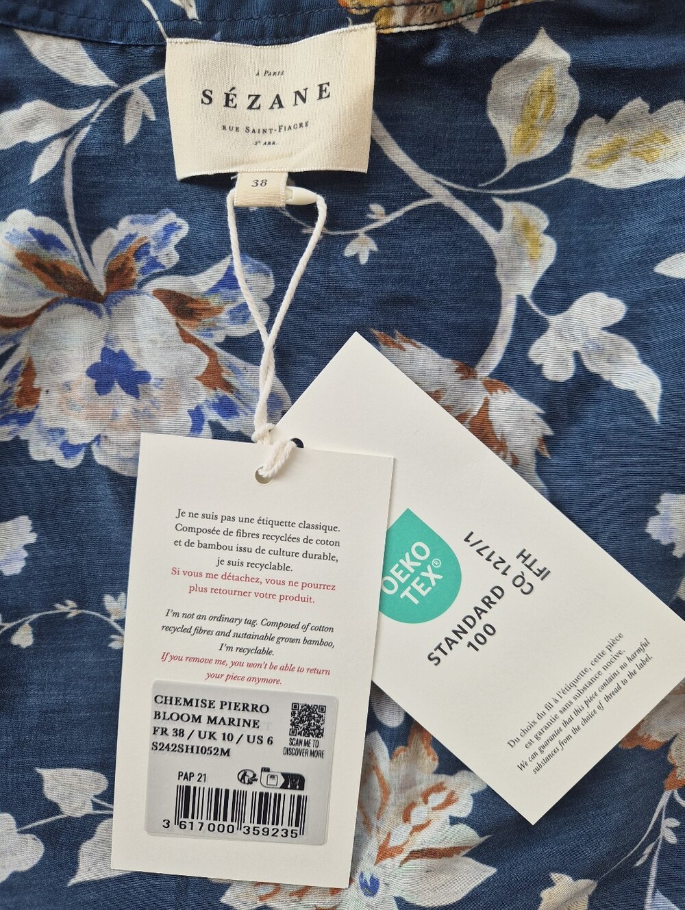 *NWT* [Sezane] Pierro Shirt in Marine Bloom, Size 38/6, Part Silk - Picture 7 of 12